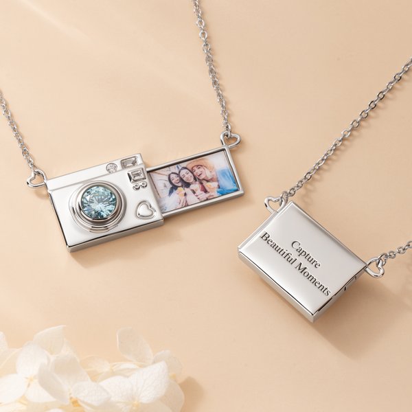 Personalised Camera Birthstone Pull-Out Photo Locket Necklace with Text Dainty Jewellery Birthday Anniversary Gift for Photographer Woman