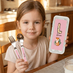 Personalized Cute Animal Safe Stainless Steel Fork Spoon Knife 3 Pcs Cutlery Set with Name and Case Back to School Birthday Gift for Kids