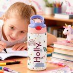 Personalized Cute Rainbow Dinosaur Name 12 oz Insulated Water Bottle with Straw and Spill-Proof Lid Daily Use Back to School Birthday Gift for Kids