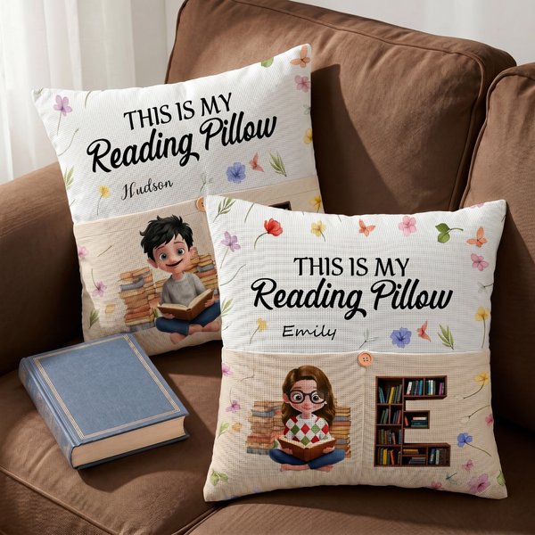 Personalised Floral Cartoon Reading Character Soft Throw Pocket Pillow Cover with Name and Initial Home Decor Birthday Gift for Bookworms Readers