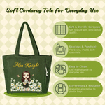 Personalized Cartoon Character Teacher Large Capacity Corduroy Tote Bag with Birth Flower and Text Travel Essential Birthday Gift for Teacher