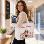 Personalized Cartoon Character Teacher Large Capacity Corduroy Tote Bag with Birth Flower and Text Travel Essential Birthday Gift for Teacher
