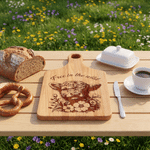 Personalized Flower Highland Cow Wooden Reversible Charcuterie Cutting Board with Engraved Text and Grip Housewarming Birthday Gift for Family Friends