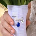 Personalised Cross Teardrop Stone Pendant Pearl Bouquet Charm Brooch with Engraved Name Something Blue Wedding Gift for Bride