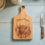 Personalized Flower Highland Cow Wooden Reversible Charcuterie Cutting Board with Engraved Text and Grip Housewarming Birthday Gift for Family Friends