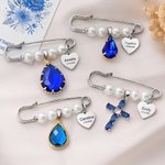 Personalised Cross Teardrop Stone Pendant Pearl Bouquet Charm Brooch with Engraved Name Something Blue Wedding Gift for Bride