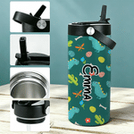 Personalised Colourful Dinosaur Name 15 oz Water Bottle with Handle and Straw Back to School Outdoor Birthday Gift for Child