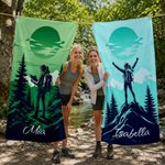 Toalla de playa deportiva personalizada con silueta de senderista y nombre regalo de cumpleaños y viaje de verano para amantes del senderismo