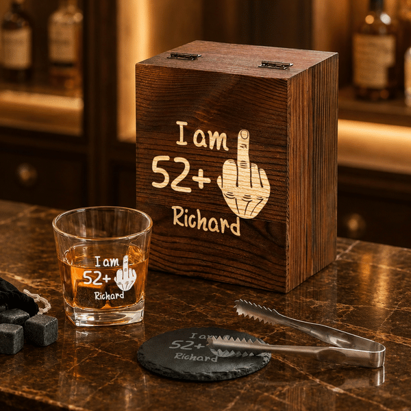Personalized Funny Middle Finger Pattern Whiskey Glass 4 Stones Wooden Box Set with Name and Age Birthday Anniversary Graduation Gift for Man Dad