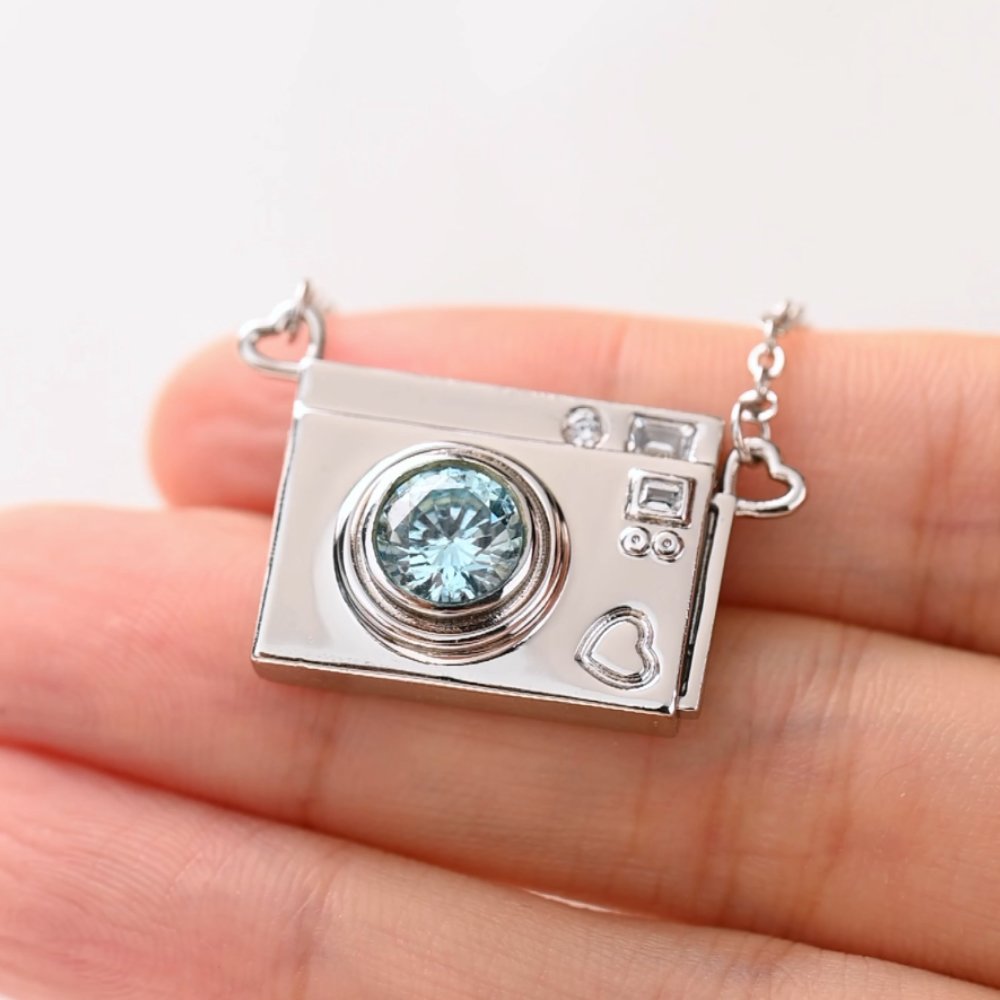 Personalised Camera Birthstone Pull-Out Photo Locket Women's Necklace with Text Dainty Jewellery Birthday Anniversary Gift for Photographer Family 3