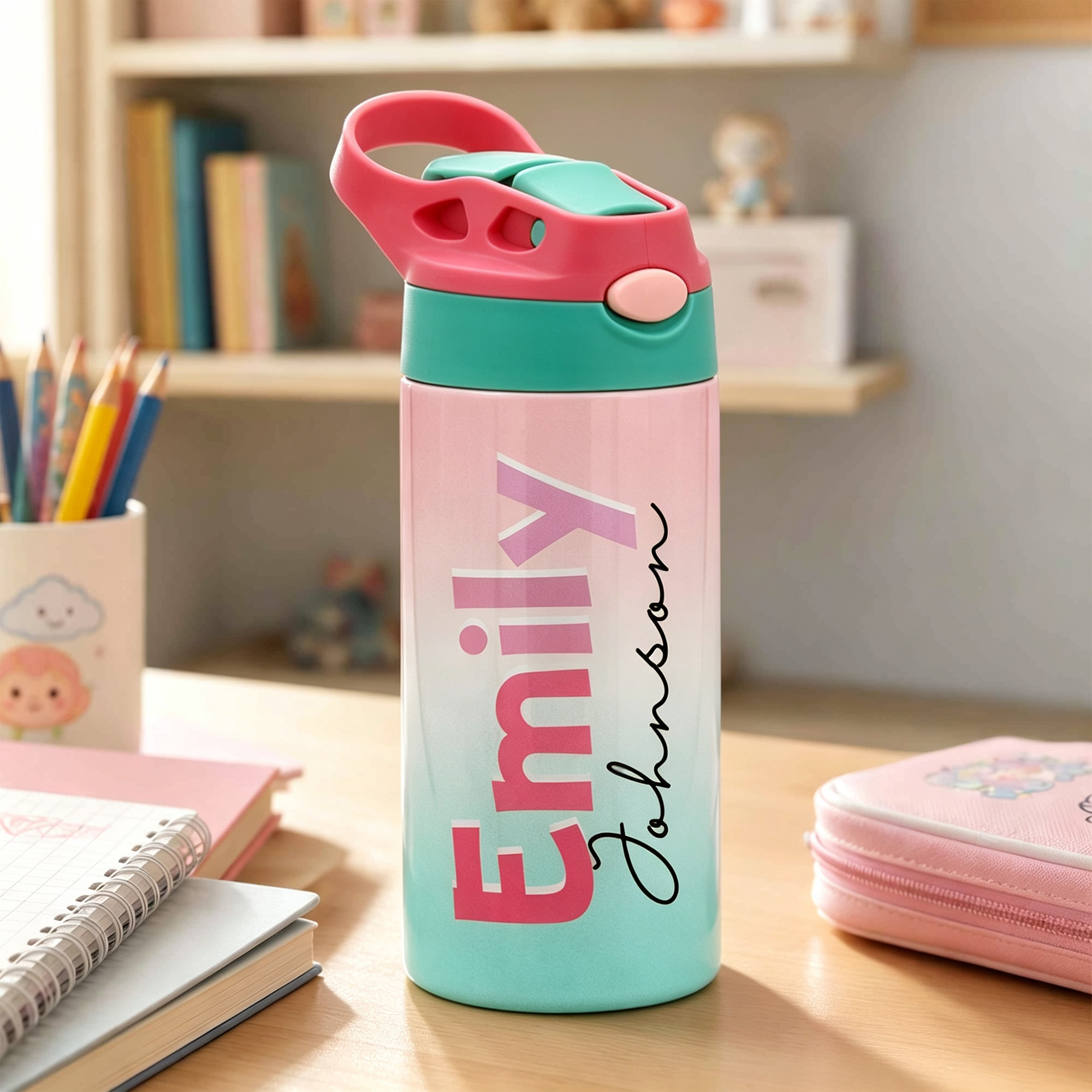 Personalisierte 12-oz-Isolierflasche mit Farbverlauf und Schriftzug – Geschenk zum Schulanfang oder Geburtstag für Kinder
