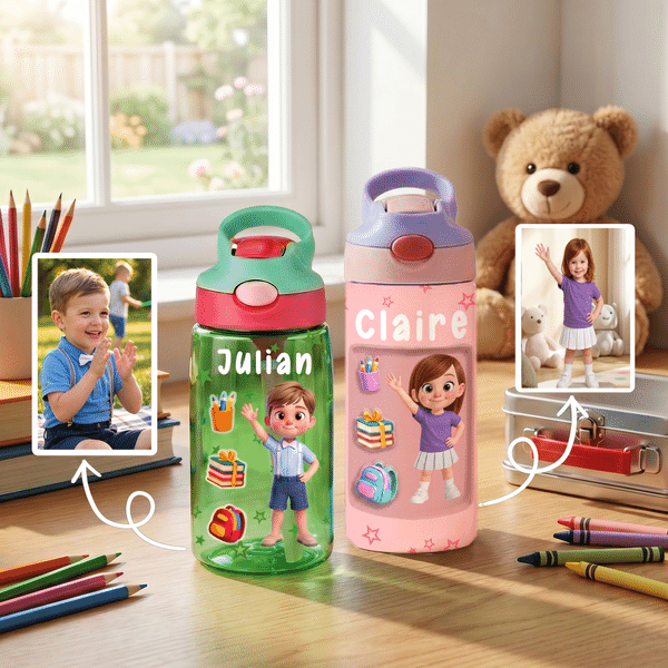 Custom Cartoon Kid Character BPA-Free Transparent Insulated Water Bottle with Straw Handle and Name, Daily Use, Back to School/Birthday Gift for Kids