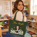 Personalized Cartoon Character Teacher Large Capacity Corduroy Tote Bag with Birth Flower and Text Travel Essential Birthday Gift for Teacher