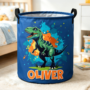 Personalized Ink Splash Cartoon Dinosaur Storage Laundry Basket with Name Kid's Room Birthday Gift for Kids Boys Girls