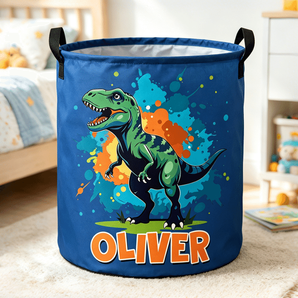 Personalised Ink Splash Cartoon Dinosaur Storage Laundry Basket with Name Kid's Room Birthday Gift for Kids Boys Girls