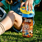 Personalised Cartoon Soccer Character 12 oz Insulated Water Bottle with Name and Number Back to School Birthday Gift for Kid Soccer Player