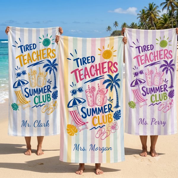 Personalized Tired Teachers Oversized Quick Dry Beach Towel with Text Beach Pool Party Summer Vacation Birthday Gift for Teacher Friends