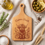 Personalized Flower Highland Cow Wooden Reversible Charcuterie Cutting Board with Engraved Text and Grip Housewarming Birthday Gift for Family Friends