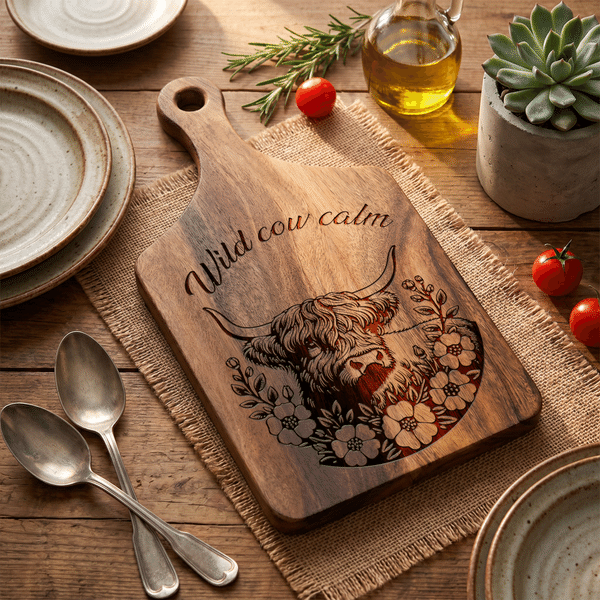Personalized Flower Highland Cow Wooden Reversible Charcuterie Cutting Board with Engraved Text and Grip Housewarming Birthday Gift for Family Friends