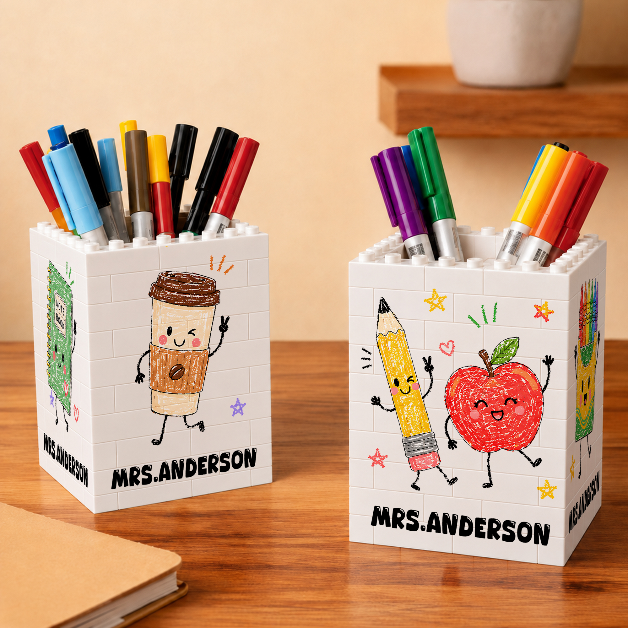 Personalisierter Apple Pencil-Notizblock mit Kaffee-Motiv und Baustein-Stifthalter mit Vor- und Nachnamen – Geschenk zum Schulanfang oder Geburtstag für Schüler und Lehrer