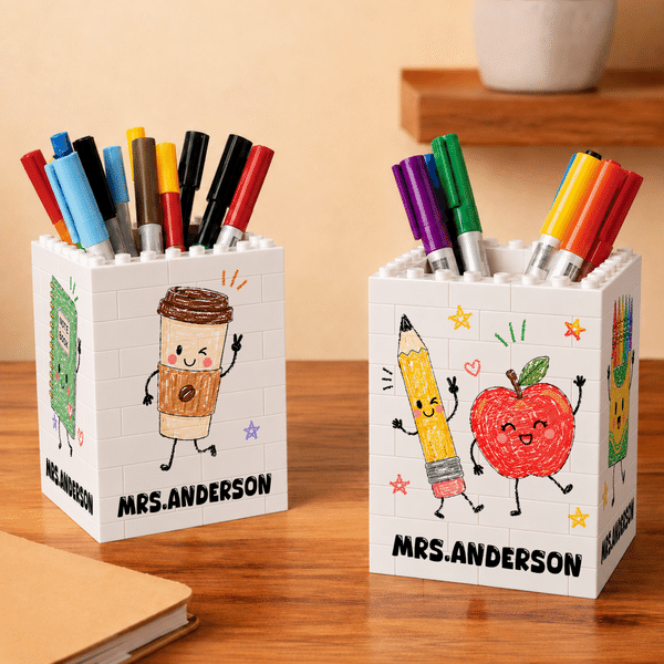 Personalized Apple Pencil Notebook Coffee Pattern Building Block Pen Holder with Title and Surname Back to School Birthday Gift for Student Teacher