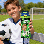 Personalised Cartoon Soccer Character 12 oz Insulated Water Bottle with Name and Number Back to School Birthday Gift for Kid Soccer Player