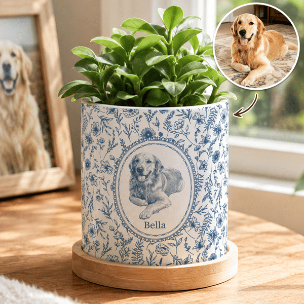 Personalized Toile De Jouy Floral Pet Photo Ceramic Planter Pot with Name and Bamboo Tray Loss of Pet Memorial Gift for Pet Owner
