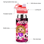 Personalised Cartoon Soccer Character 12 oz Insulated Water Bottle with Name and Number Back to School Birthday Gift for Kid Soccer Player