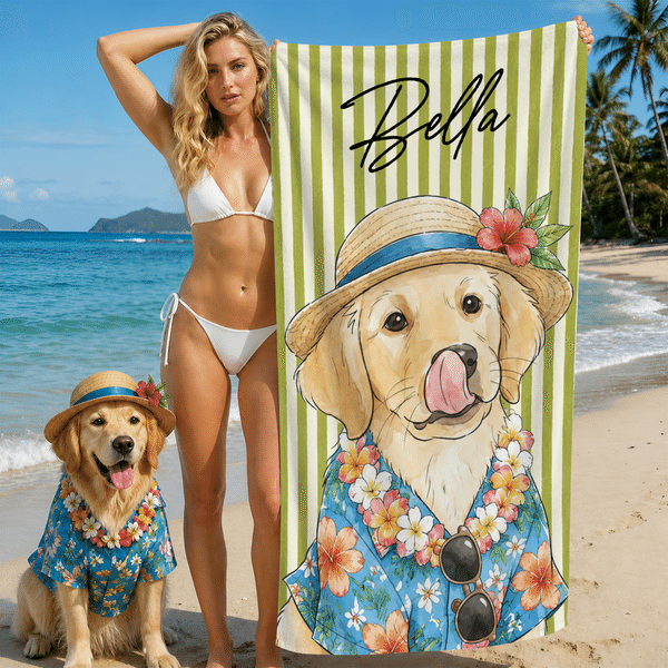 Personalised Watercolour Pet Photo Stripe Quick Dry Oversized Beach Towel with Name Travel Birthday Summer Holiday Party Gift for Pet Lovers
