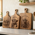 Personalized Flower Highland Cow Wooden Reversible Charcuterie Cutting Board with Engraved Text and Grip Housewarming Birthday Gift for Family Friends