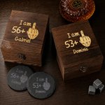 Personalized Funny Middle Finger Pattern Whiskey Glass 4 Stones Wooden Box Set with Name and Age Birthday Anniversary Graduation Gift for Man Dad