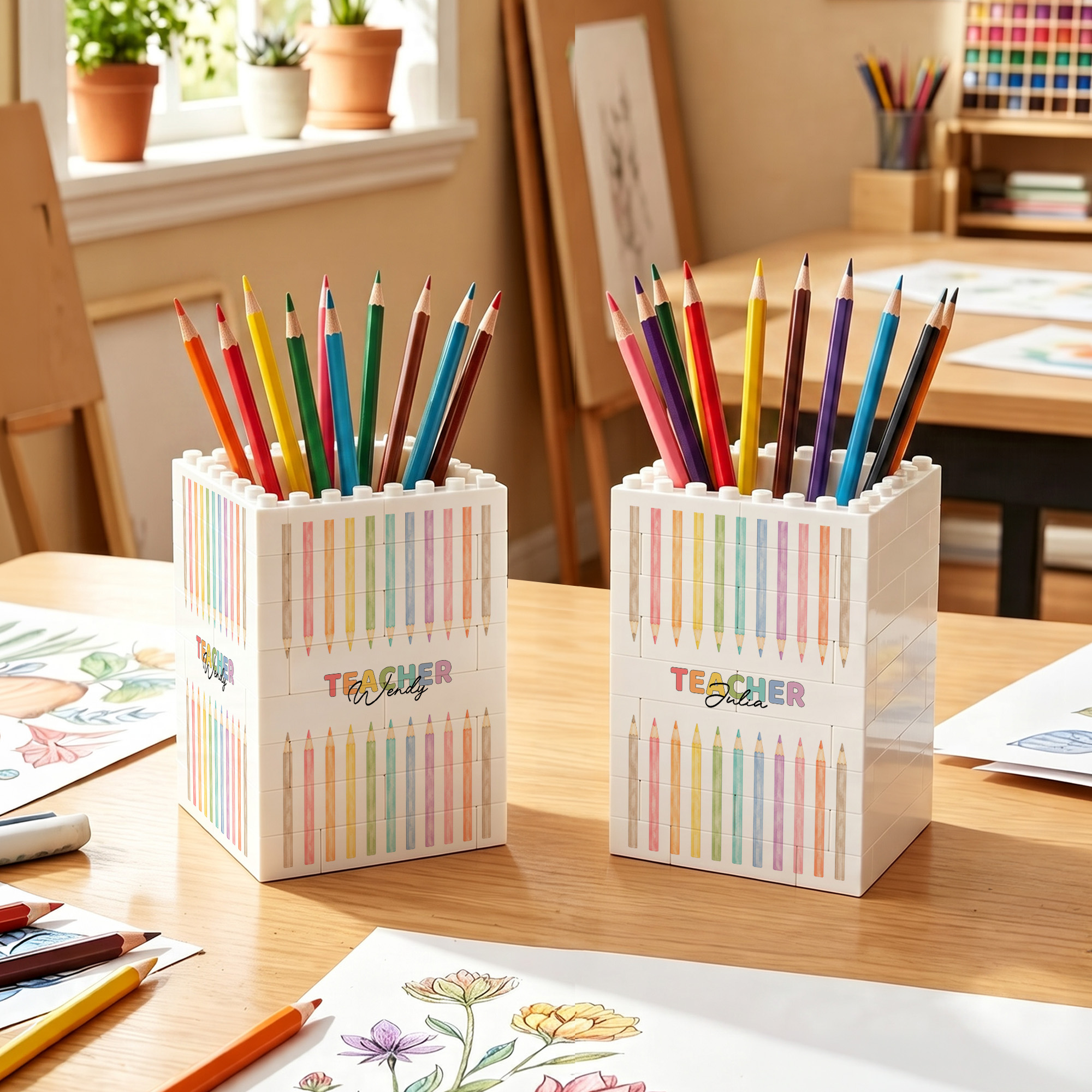 Personalisierter Buntstift-Stifthalter in Form eines Bausteins mit Namen – Dekoration für den Schreibtisch im Alltag, Geschenk zum Lehrertag für Lehrer und Pädagogen