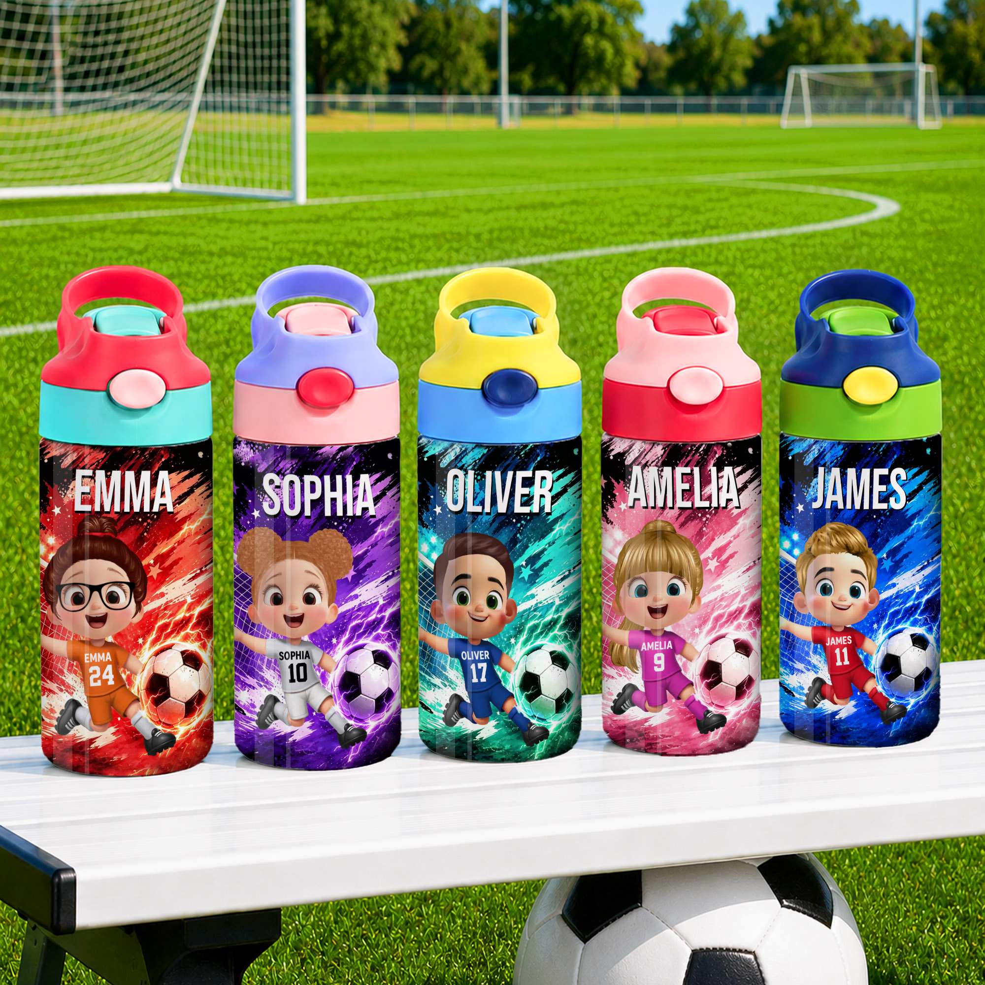 Personalisierte 12-oz-Isolierflasche mit Fußball-Cartoon-Figur, Namen und Nummer – Schulanfangs- und Geburtstagsgeschenk für junge Fußballspieler