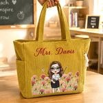 Personalized Cartoon Character Teacher Large Capacity Corduroy Tote Bag with Birth Flower and Text Travel Essential Birthday Gift for Teacher