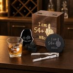 Personalized Funny Middle Finger Pattern Whiskey Glass 4 Stones Wooden Box Set with Name and Age Birthday Anniversary Graduation Gift for Man Dad
