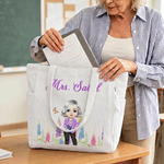 Personalized Cartoon Character Teacher Large Capacity Corduroy Tote Bag with Birth Flower and Text Travel Essential Birthday Gift for Teacher