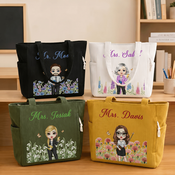 Personalized Cartoon Character Teacher Large Capacity Corduroy Tote Bag with Birth Flower and Text Travel Essential Birthday Gift for Teacher