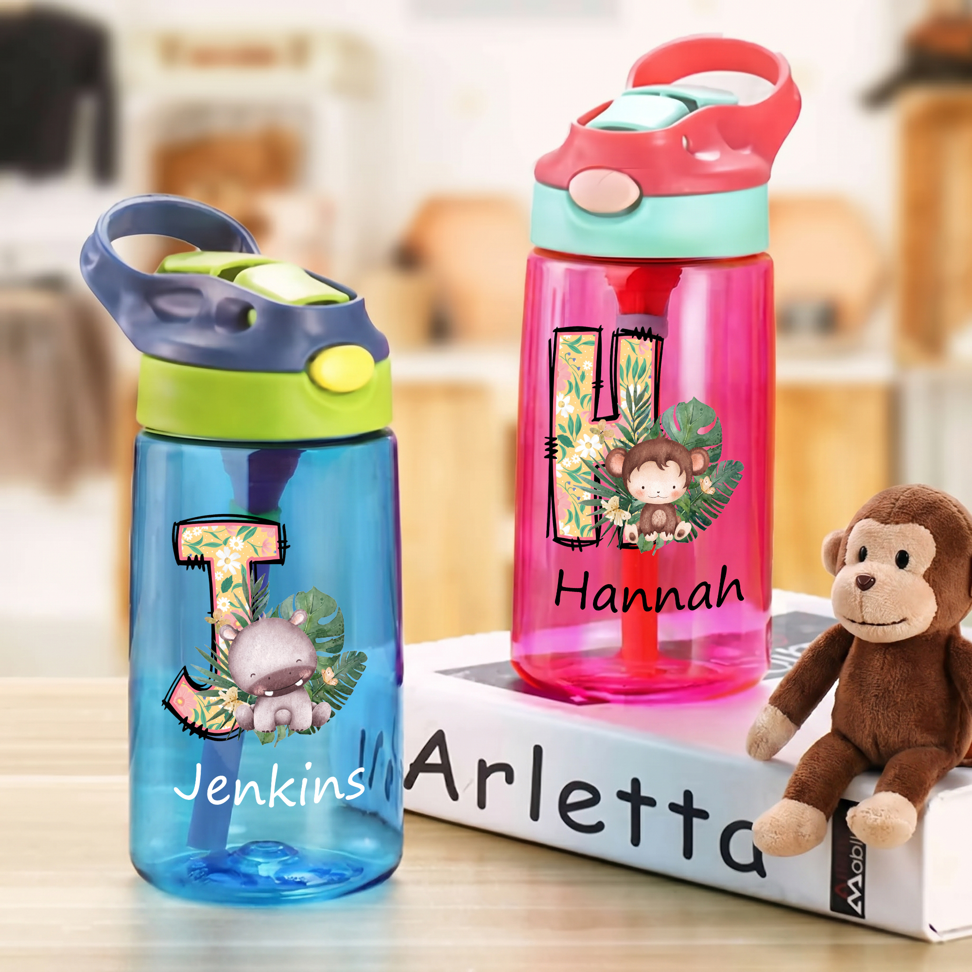 Personalisierte 16-oz-Kinder-Trinkflasche mit Tier-Initiale, Strohhalm und Namen – für den täglichen Gebrauch, zum Schulanfang oder als Geburtstagsgeschenk für Kinder und Schüler