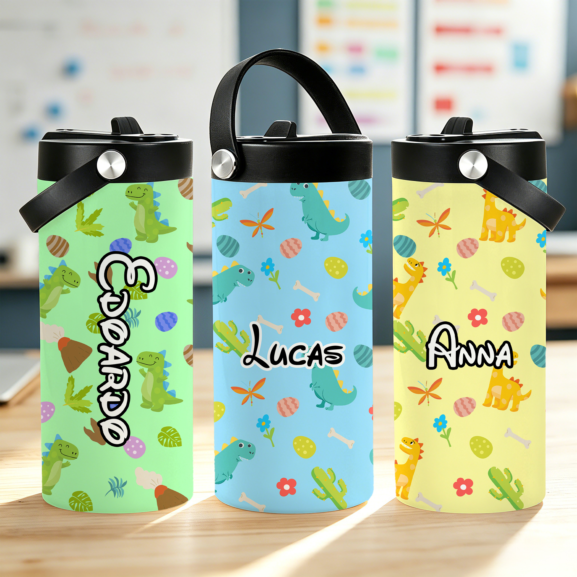 Personalisierte, farbenfrohe 15-oz-Wasserflasche mit Dinosaurier-Motiv, Griff und Strohhalm – Geschenk zum Schulanfang, für Outdoor-Aktivitäten oder zum Geburtstag für Kinder