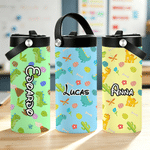 Personalised Colourful Dinosaur Name 15 oz Water Bottle with Handle and Straw Back to School Outdoor Birthday Gift for Child