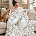 Personalized Toile De Jouy Floral Pet Photo Soft Throw Blanket with Name Home Decor Loss of Pet Memorial Gift for Pet Owner