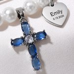 Personalised Cross Teardrop Stone Pendant Pearl Bouquet Charm Brooch with Engraved Name Something Blue Wedding Gift for Bride
