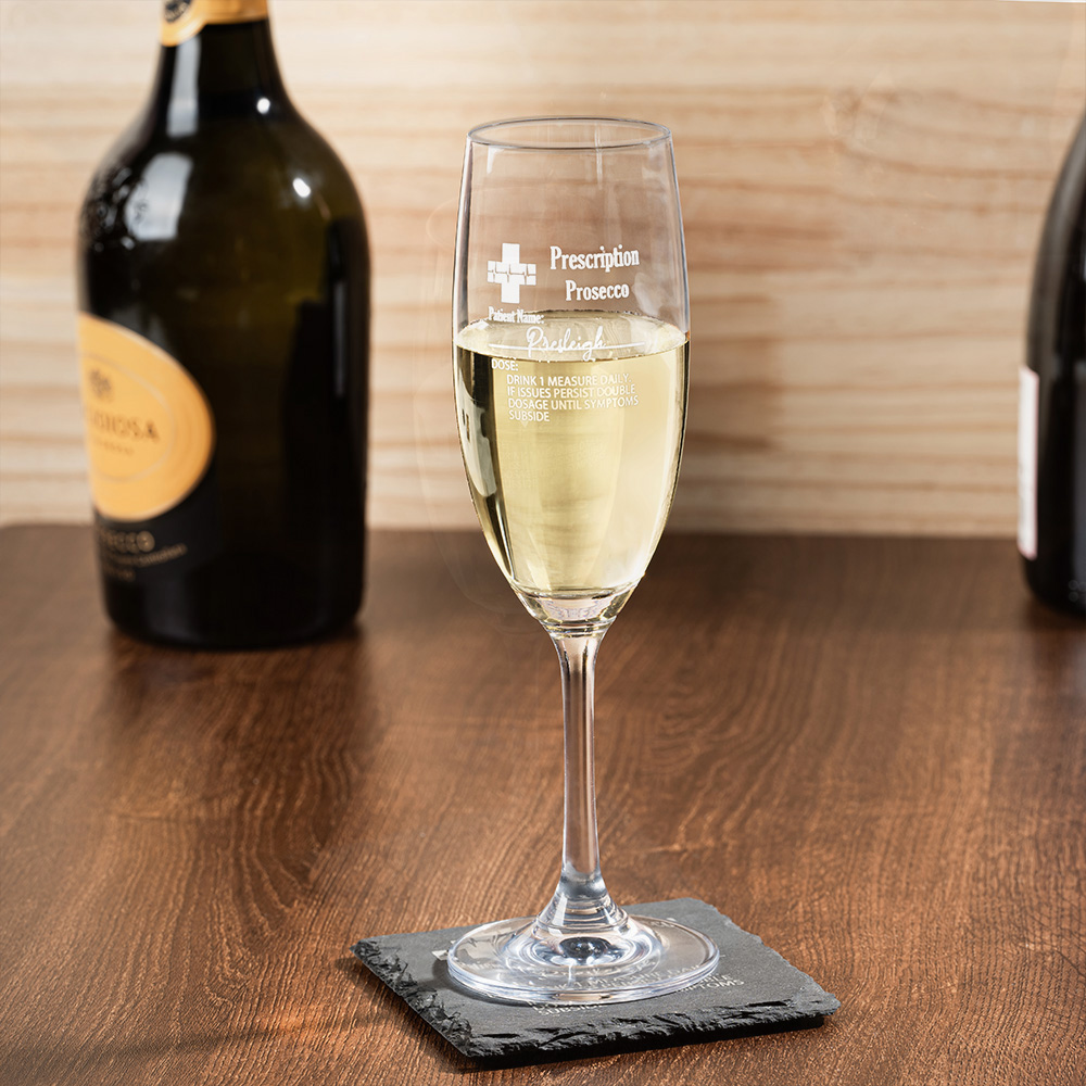 Personalisierte lustige Verschreibung Champagner Glas und Schiefer Untersetzer mit eingraviertem Namen Geburtstag Party Weihnachtsgeschenk für Champagner-Liebhaber