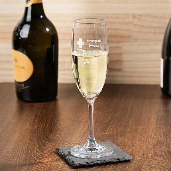 Personalisierte lustige Verschreibung Champagner Glas und Schiefer Untersetzer mit eingraviertem Namen Geburtstag Party Weihnachtsgeschenk für Champagner-Liebhaber