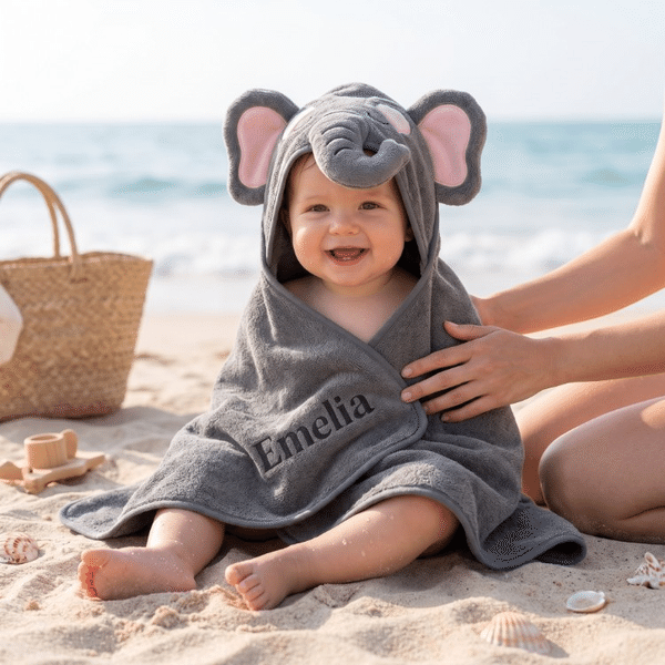 Cape de bain de plage en éponge personnalisée avec prénom brodé – Design animal – Pour enfant - 80 cm * 80 cm