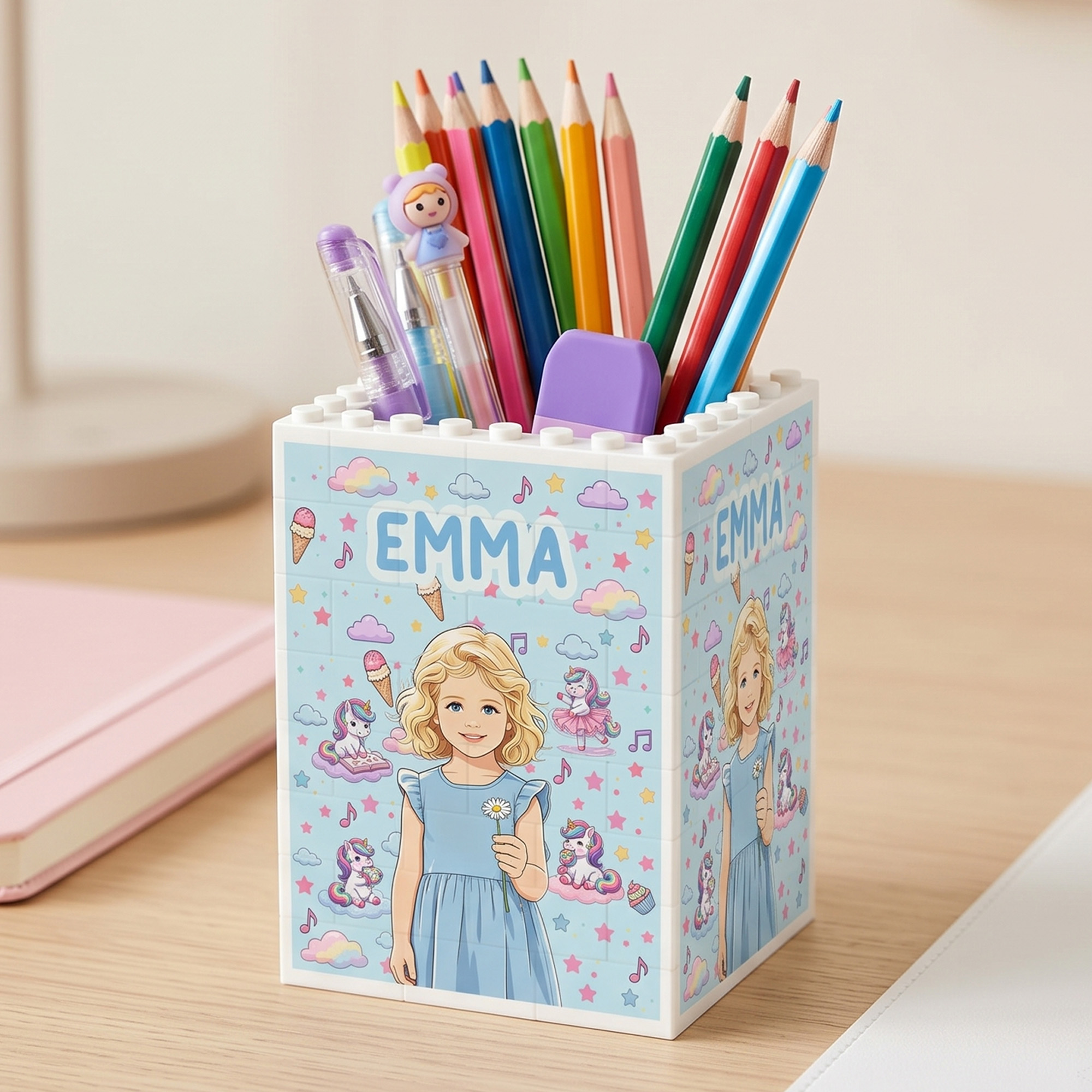 Personalisierter Cartoon-Stiftständer für Kinder mit Foto, Einhorn- und Dinosaurier-Motiven, aus Bausteinen, mit Namen, als Schreibtischdekoration, als Geschenk zum Schulanfang oder Geburtstag für Kin