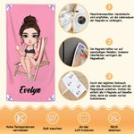 Personalisiertes Strandtuch mit Cartoonfigur | mit Magneten und Namen | schnelltrocknende Mikrofaser | Sommergeschenk für Familie und Freunde
