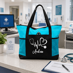 Personalized Stethoscope Healthcare Theme Large Tote Bag with Name and Mesh Pockets Nurse Week Nurse Appreciation Gift for Nurse Doctor