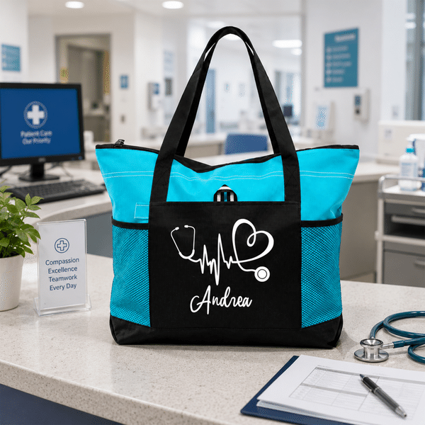 Personalized Stethoscope Healthcare Theme Large Tote Bag with Name and Mesh Pockets Nurse Week Nurse Appreciation Gift for Nurse Doctor