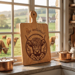 Personalized Flower Highland Cow Wooden Reversible Charcuterie Cutting Board with Engraved Text and Grip Housewarming Birthday Gift for Family Friends